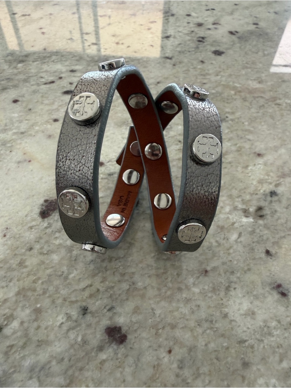 Tory Burch Silver Metallic Wrap Bracelet with Silver Studs